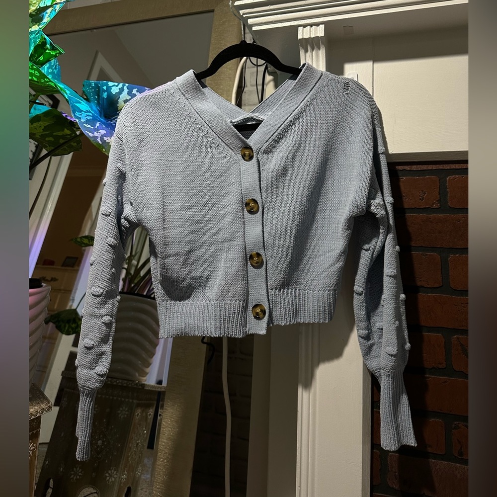 Cute Baby Blue Cropped Sweater w/ Bubble Sleeves (NWOT)